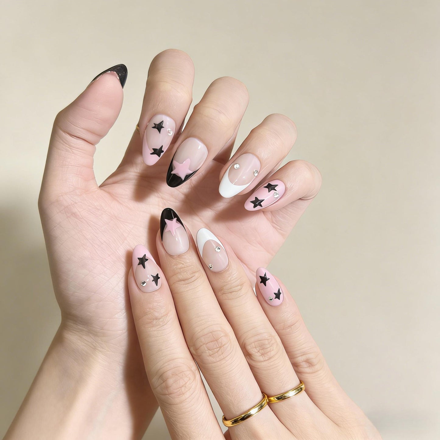 Pink Navy Star Press-On Nails - Crystal Accent False Nails - detail view - ClouDIY UK