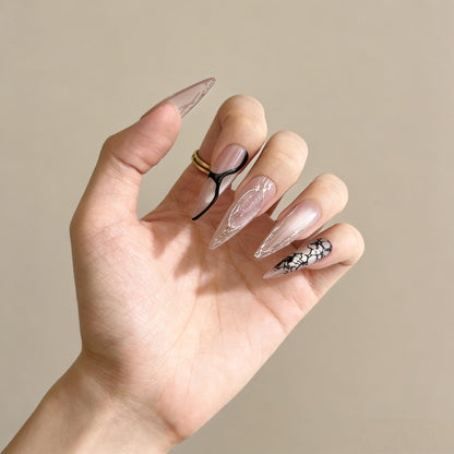 Pink Black Marble Press-On Nails - Glitter Art False Nails UK - side view - ClouDIY UK