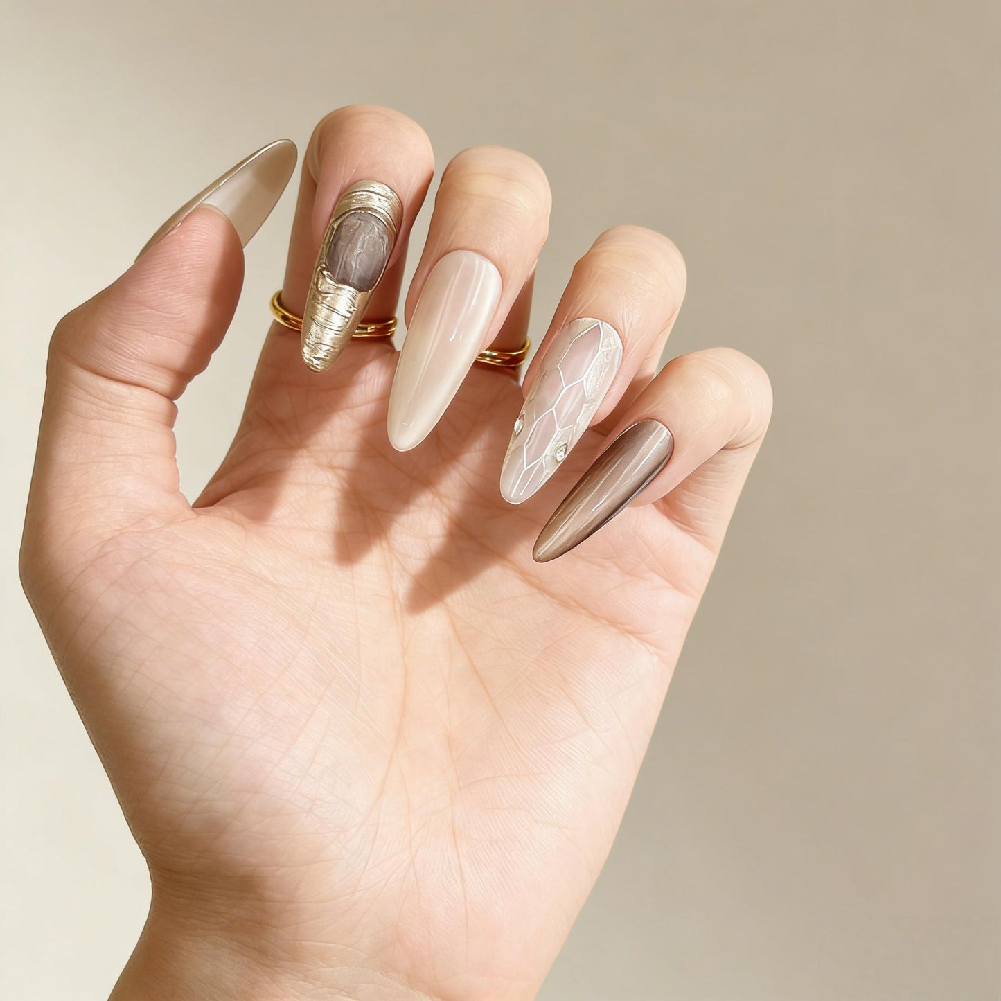 Neutral Glitter Press-On Nails - Snake Metallic False Nails UK - close up - ClouDIY UK