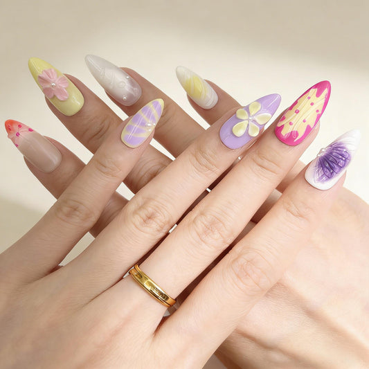 Yellow Purple Floral Press-On Nails - Pearl Accent False Nails - lifestyle view - ClouDIY UK