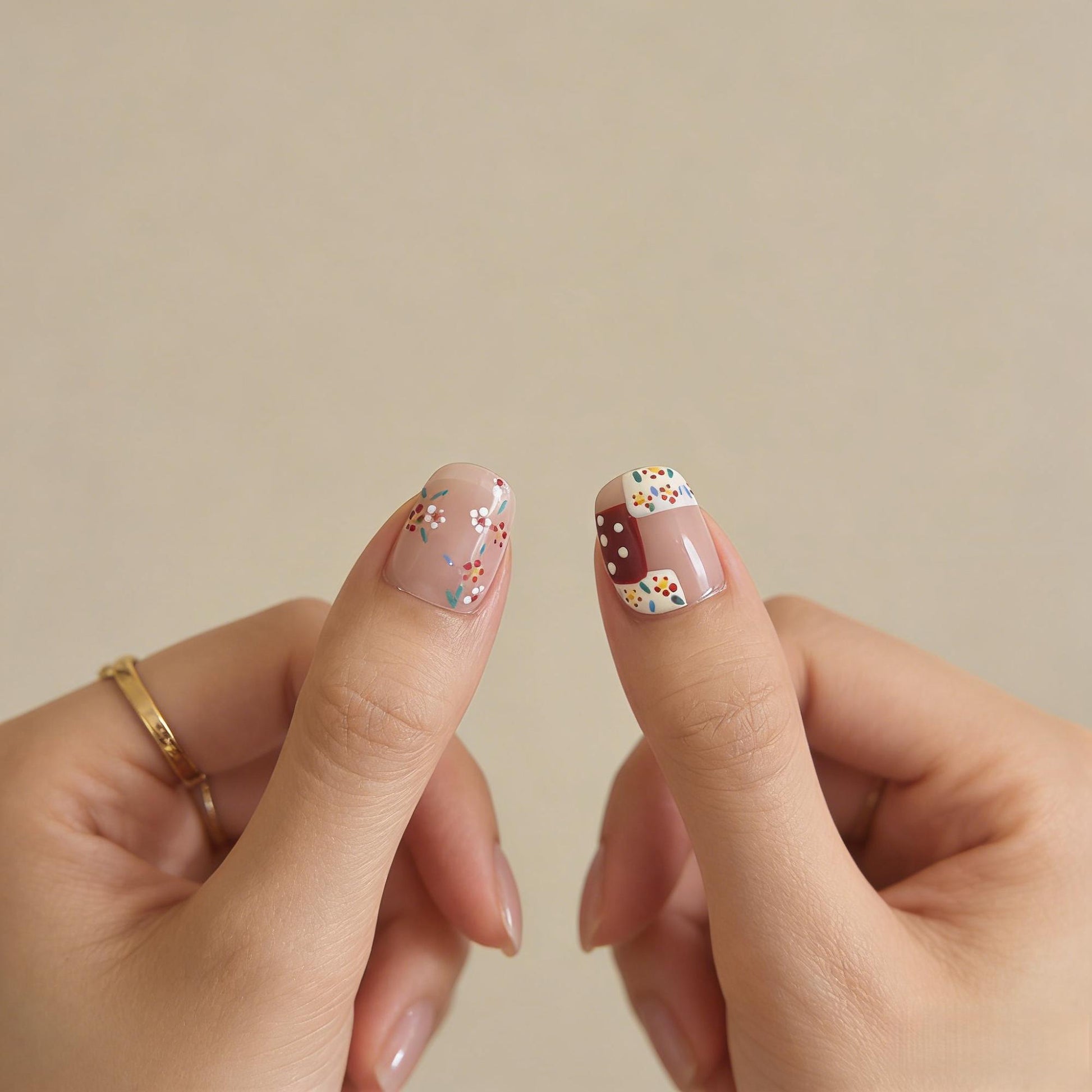 Beige Red Floral Press-On Nails - Polka Dot Art False Nails UK - side view - ClouDIY UK