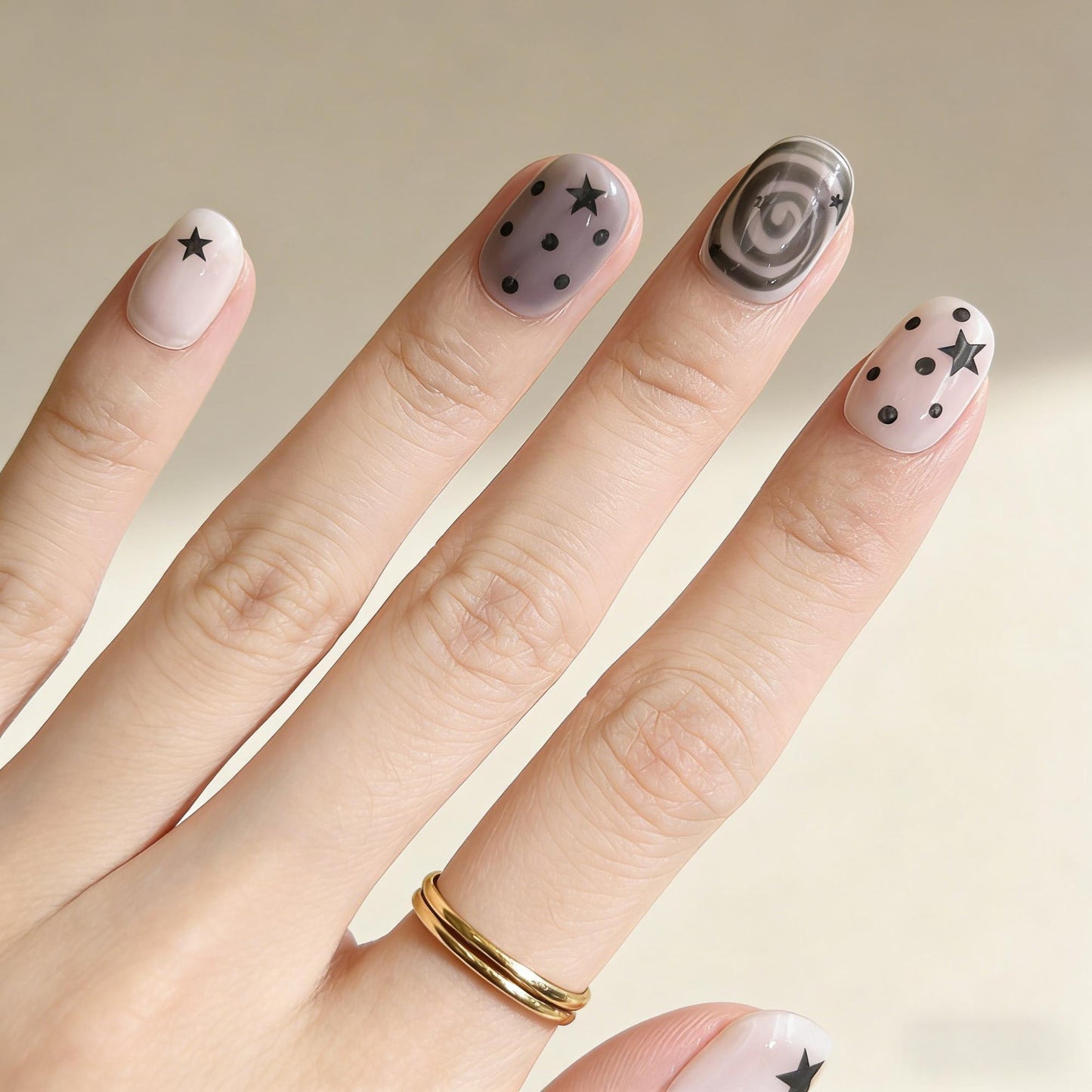 Black White Star Press-On Nails - Swirl Dot False Nails UK - side view - ClouDIY UK