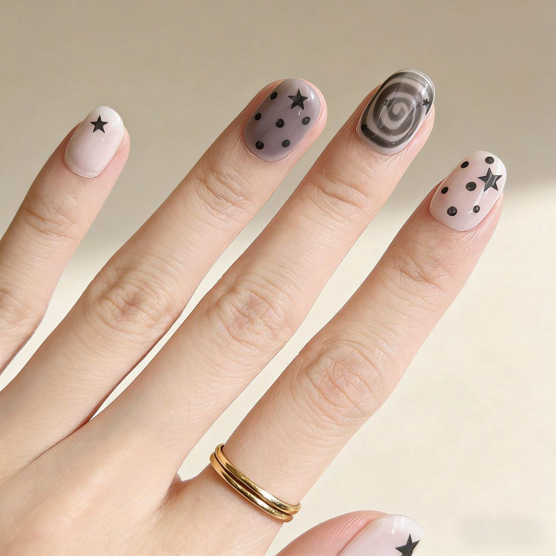 Black White Star Press-On Nails - Swirl Dot False Nails UK - side view - ClouDIY UK