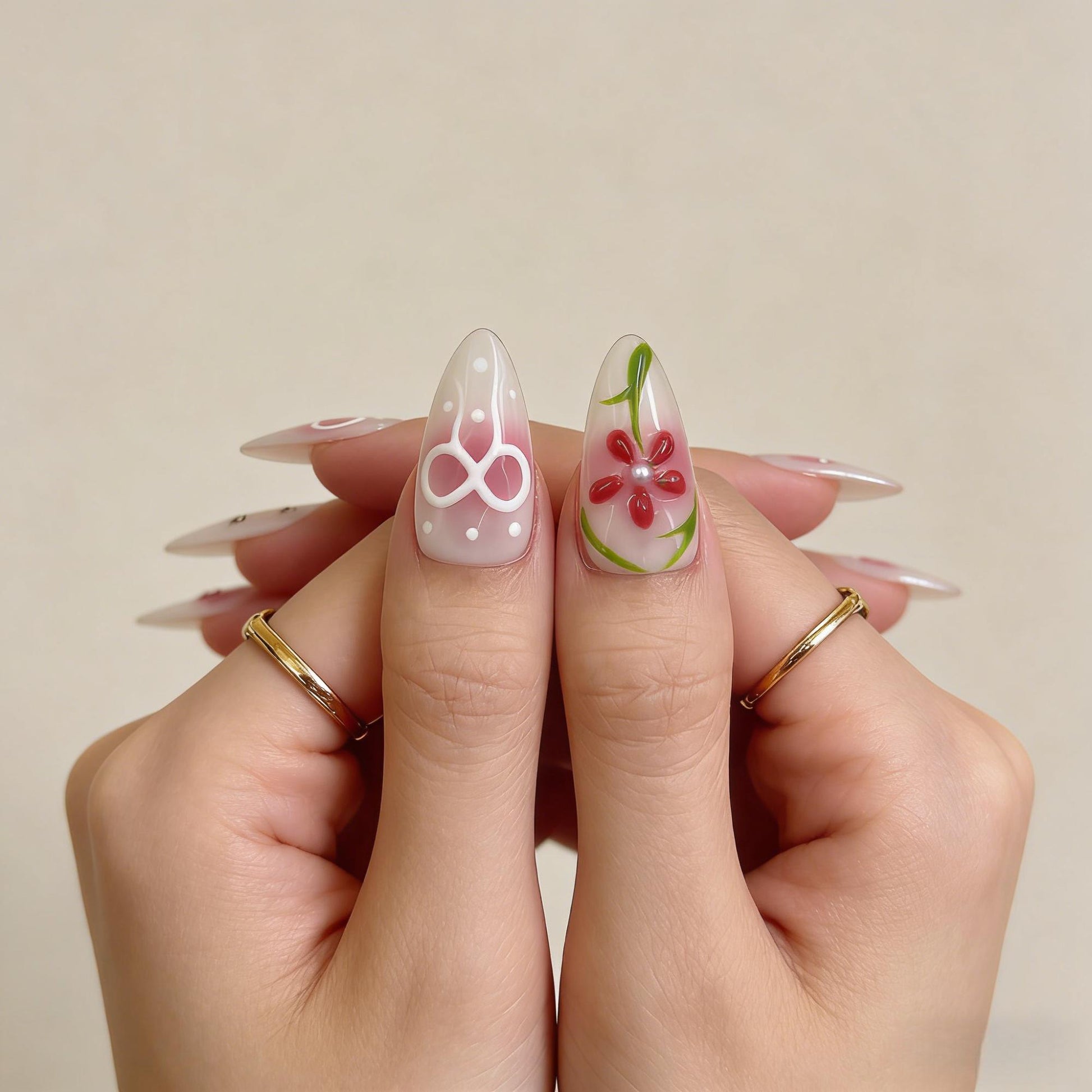 White Pink Floral Press-On Nails - Strawberry Art False Nails UK - full set - ClouDIY UK