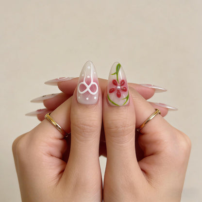 White Pink Floral Press-On Nails - Strawberry Art False Nails UK - full set - ClouDIY UK