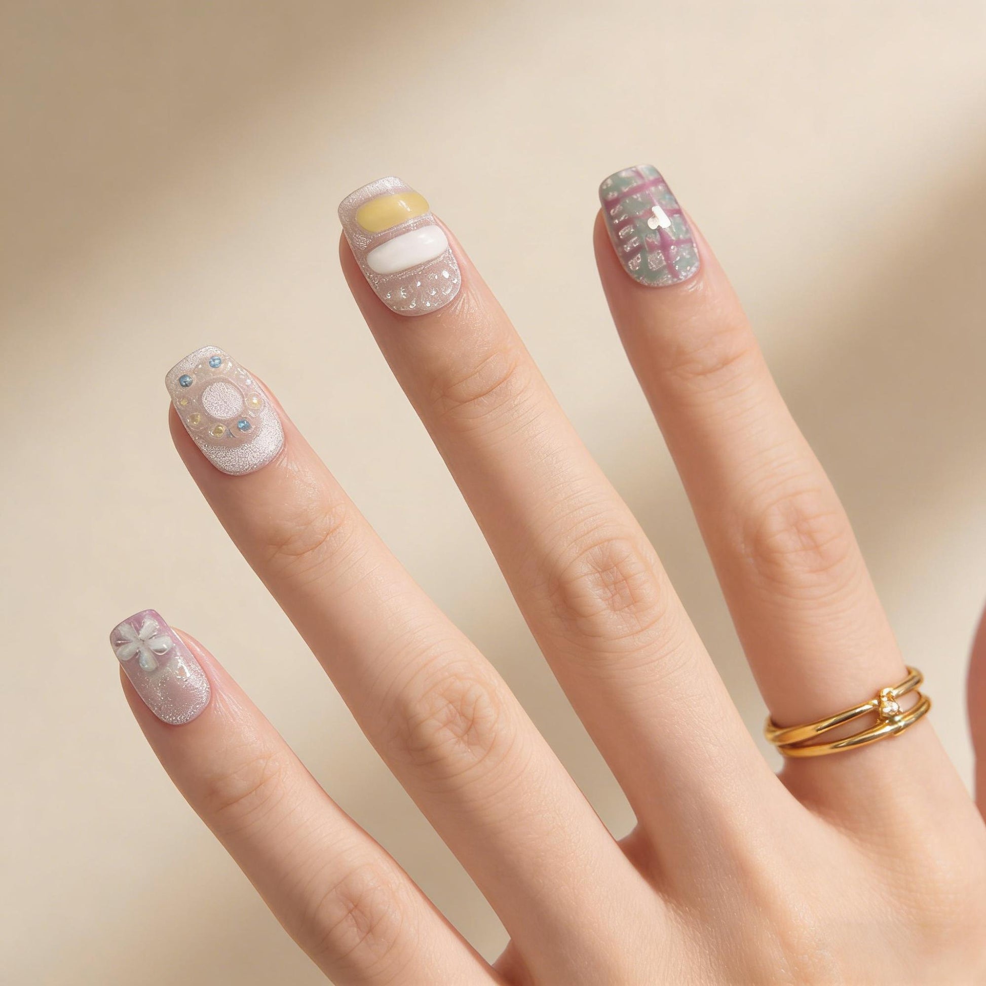 Pastel Dot Press-On Nails - Yellow Blue Red False Nails UK - close up - ClouDIY UK
