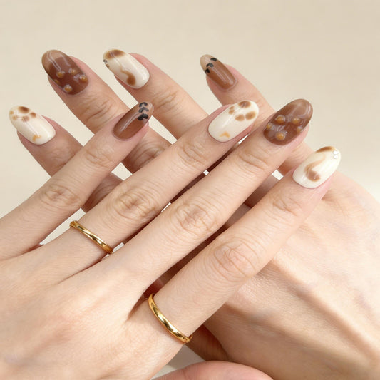 Cute Cat Press-On Nails - Brown Beige False Nails UK - close up - ClouDIY UK