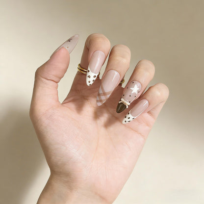 Beige Brown Star Press-On Nails - Bow Accent False Nails UK - close up - ClouDIY UK