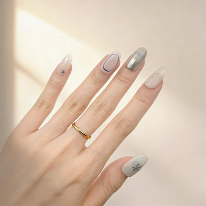 Pale Blue Star Press-On Nails - Metallic Accent False Nails - close up - ClouDIY UK