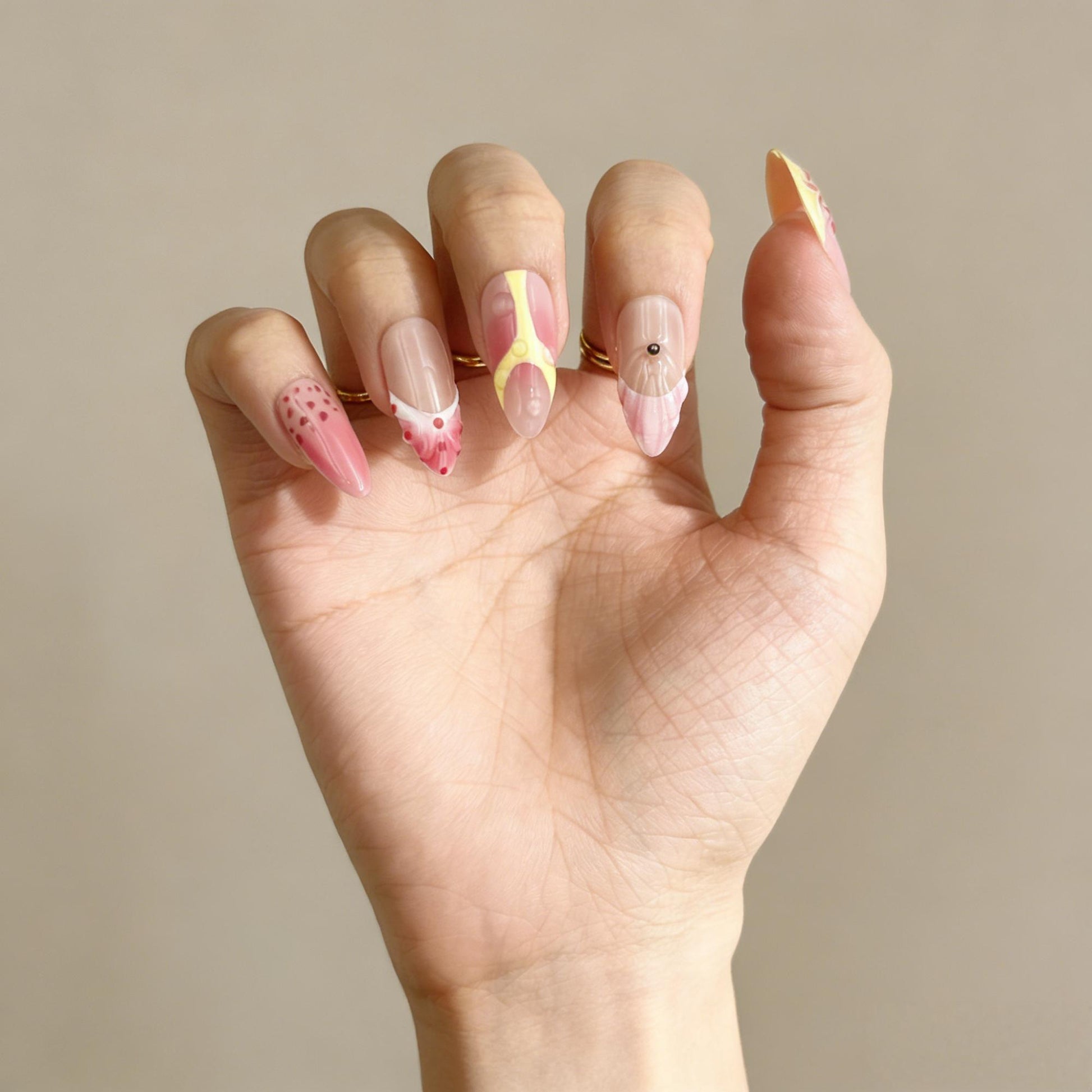 3D Floral Pink Yellow Press-On Nails - Luxury False Nails UK - lifestyle view - ClouDIY UK