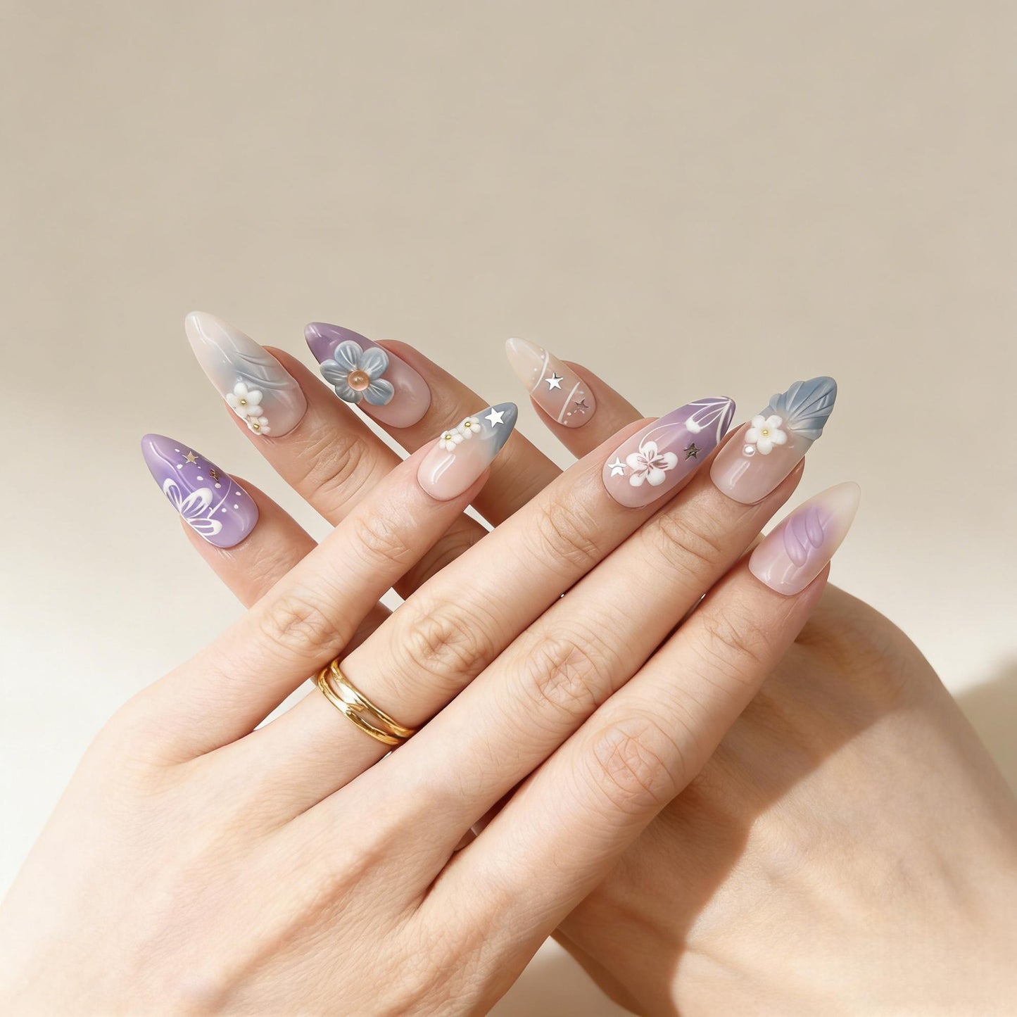 Purple Blue Floral Press-On Nails - Pearl Star False Nails Women UK - lifestyle view - ClouDIY UK