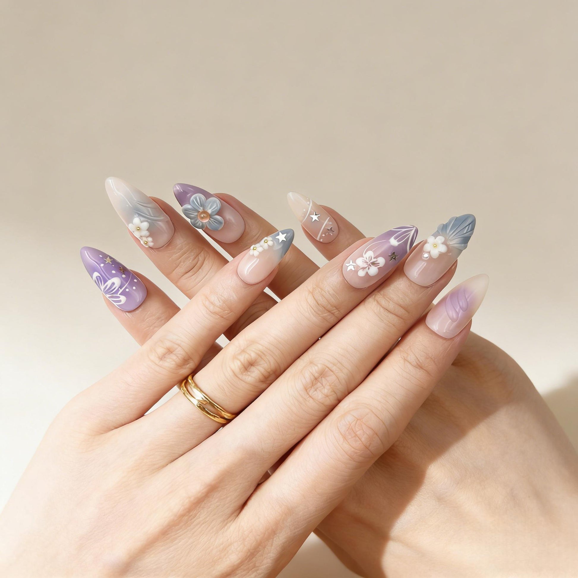 Purple Blue Floral Press-On Nails - Pearl Star False Nails Women UK - lifestyle view - ClouDIY UK