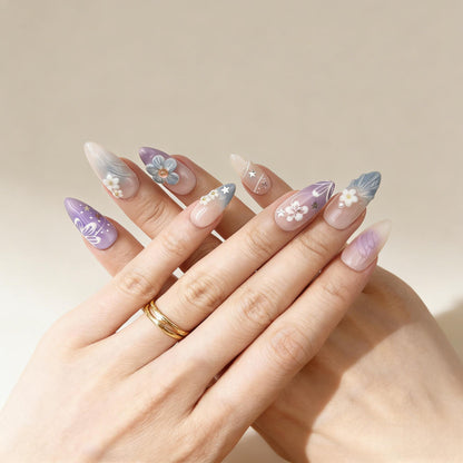 Purple Blue Floral Press-On Nails - Pearl Star False Nails Women UK - lifestyle view - ClouDIY UK