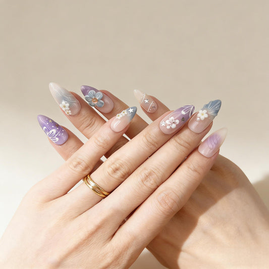 Purple Blue Floral Press-On Nails - Pearl Star False Nails Women UK - lifestyle view - ClouDIY UK