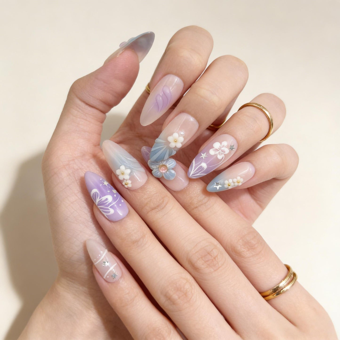 Purple Blue Floral Press-On Nails - Pearl Star False Nails Women UK - close up - ClouDIY UK
