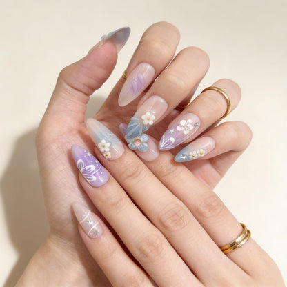 Purple Blue Floral Press-On Nails - Pearl Star False Nails Women UK - close up - ClouDIY UK