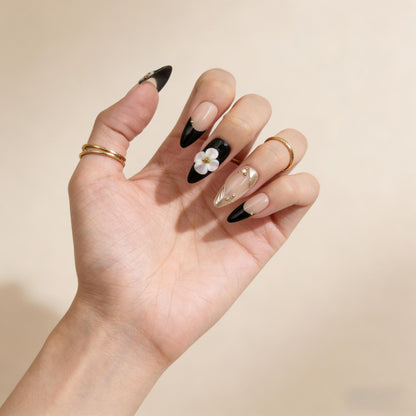 Black White Floral Press-On Nails - Gold Accent False Nails UK - detail view - ClouDIY UK