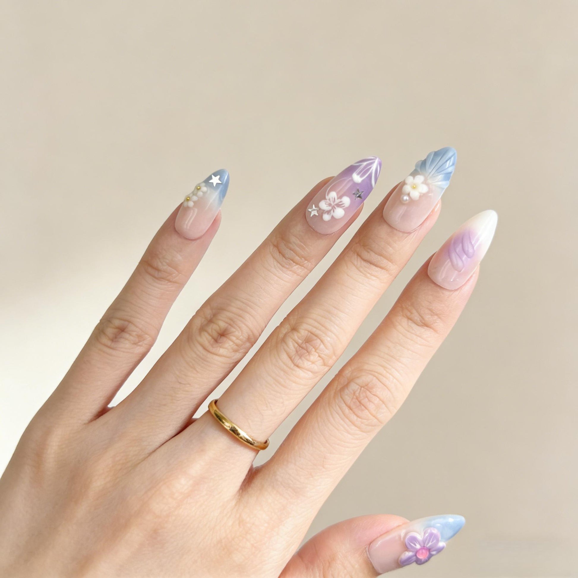 Purple Blue Floral Press-On Nails - Pearl Star False Nails Women UK - side view - ClouDIY UK