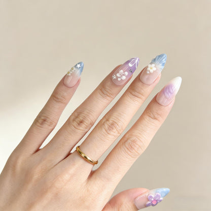 Purple Blue Floral Press-On Nails - Pearl Star False Nails Women UK - side view - ClouDIY UK
