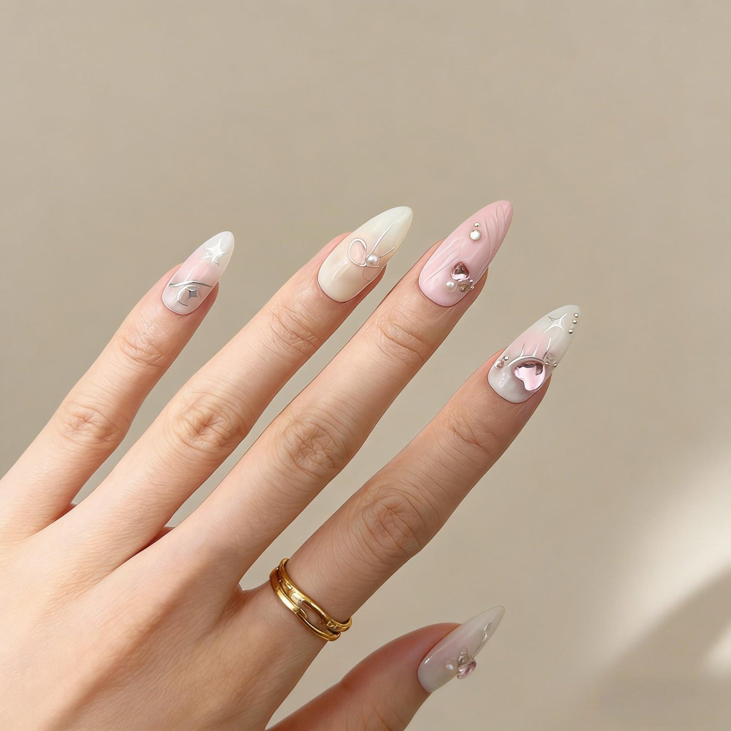 Pink White Butterfly Press-On Nails - Heart Pearl False Nails UK - lifestyle view - ClouDIY UK