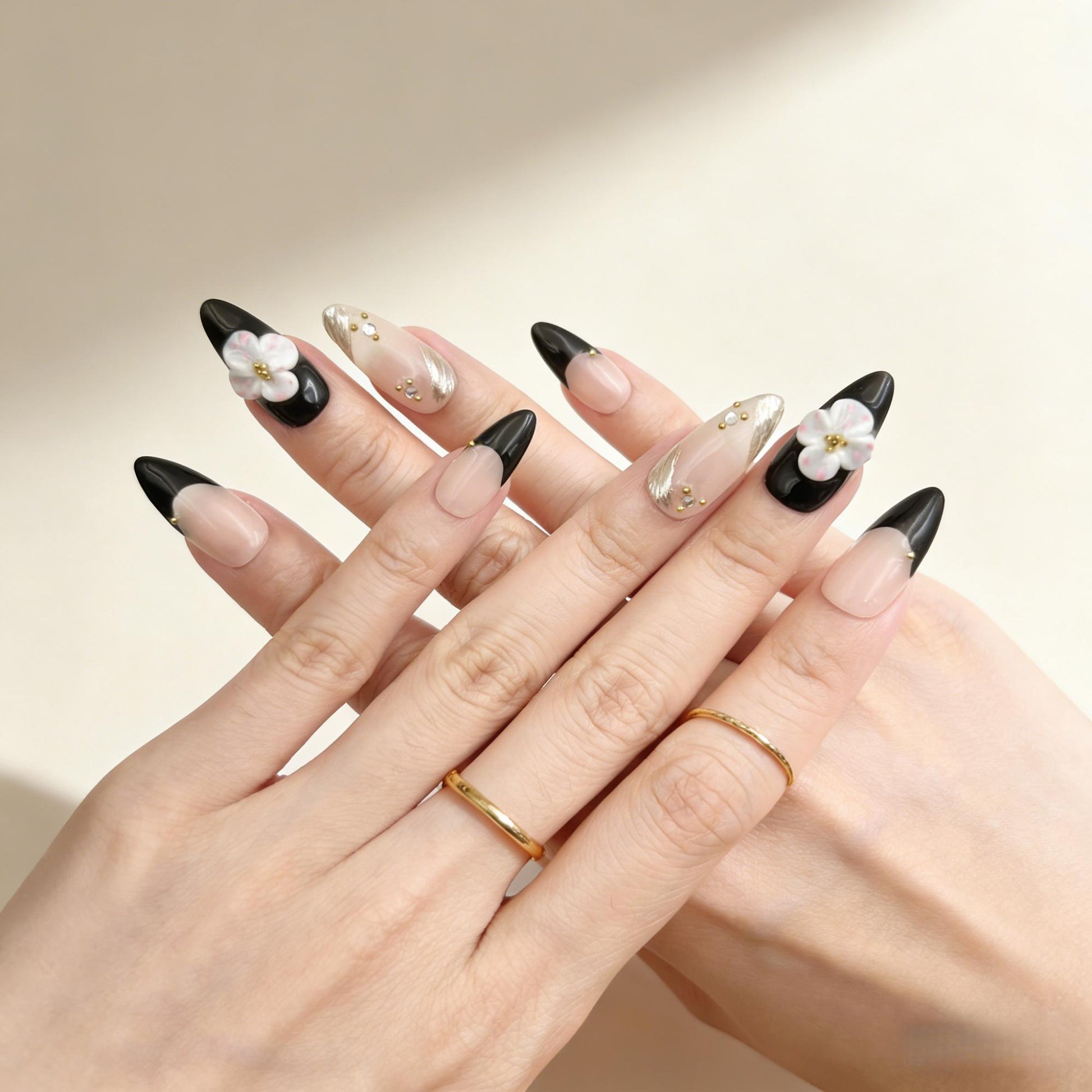 Black White Floral Press-On Nails - Gold Accent False Nails UK - lifestyle view - ClouDIY UK