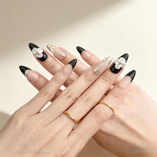 Black White Floral Press-On Nails - Gold Accent False Nails UK - lifestyle view - ClouDIY UK