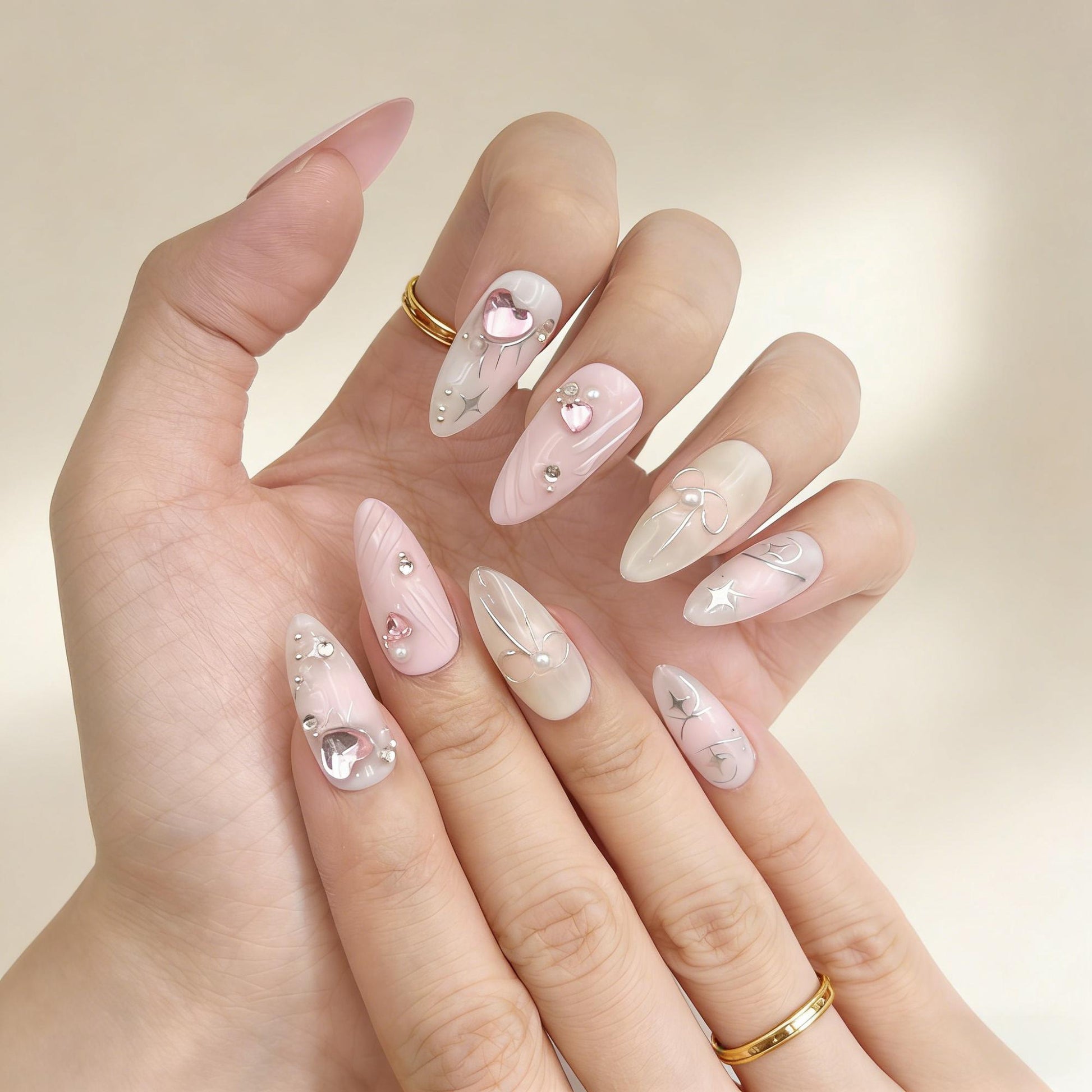 Pink White Butterfly Press-On Nails - Heart Pearl False Nails UK - close up - ClouDIY UK