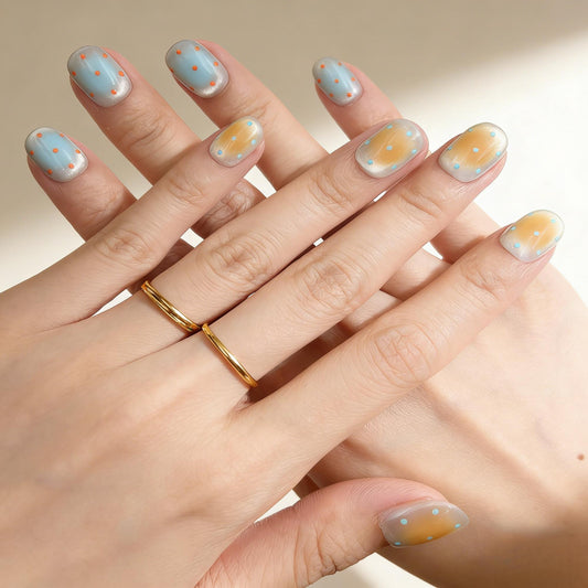 Pastel Dot Press-On Nails - Yellow Blue Red False Nails UK - lifestyle view - ClouDIY UK