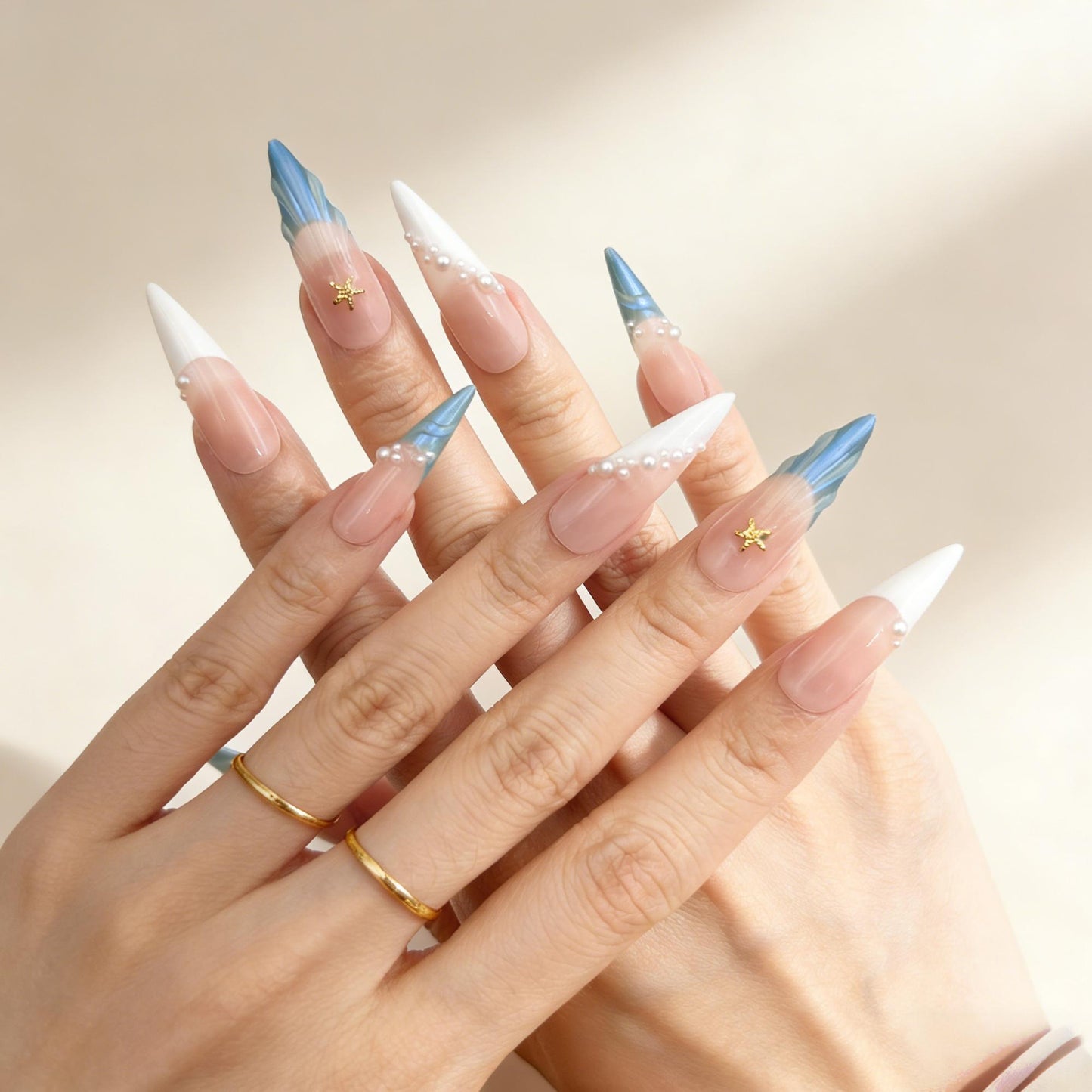 Pink Blue Wave Press-On Nails - Star Pearl False Nails UK - lifestyle view - ClouDIY UK