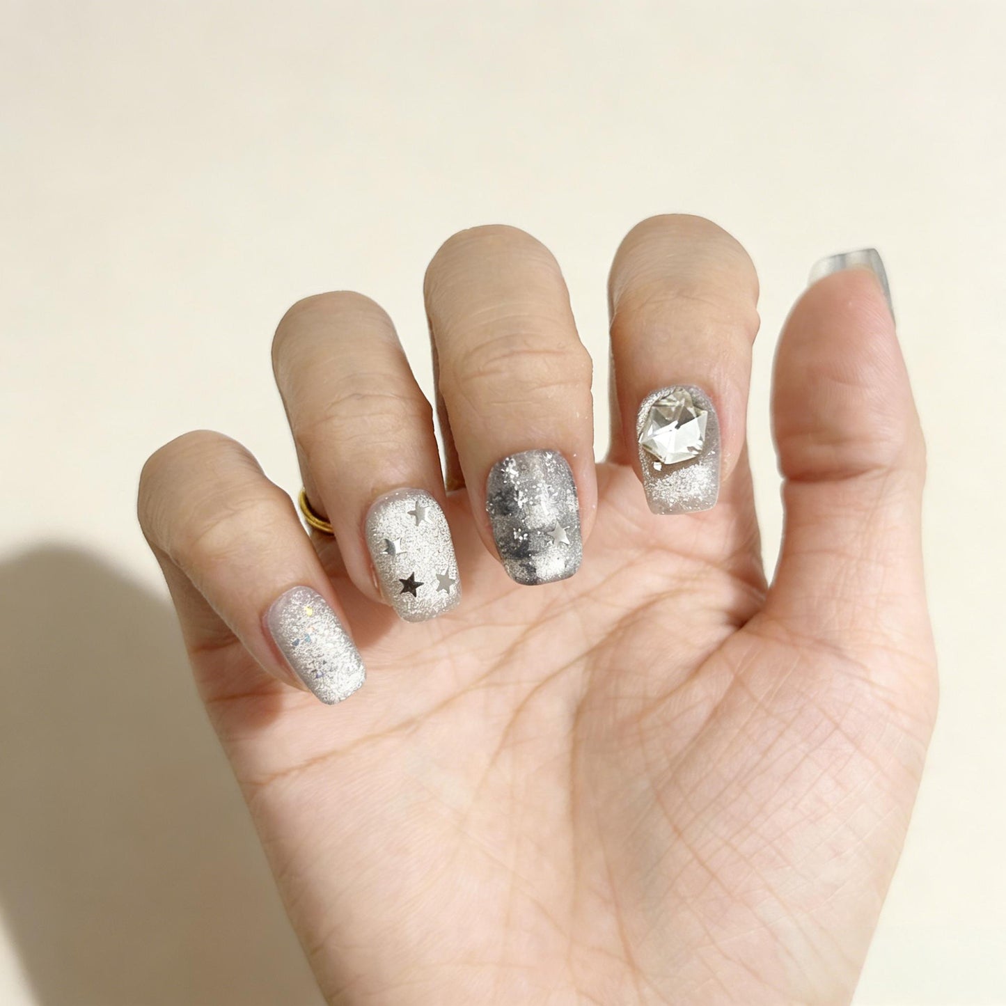 Silver Blue Check Press-On Nails - Star Gem False Nails UK - lifestyle view - ClouDIY UK