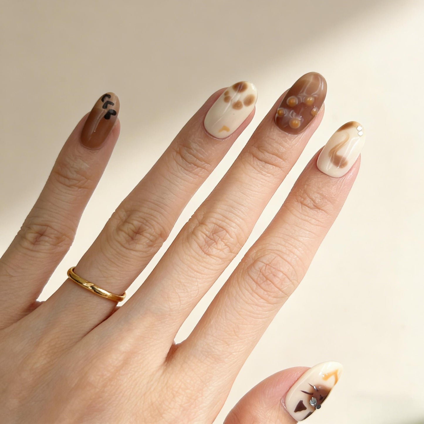 Cute Cat Press-On Nails - Brown Beige False Nails UK - lifestyle view - ClouDIY UK