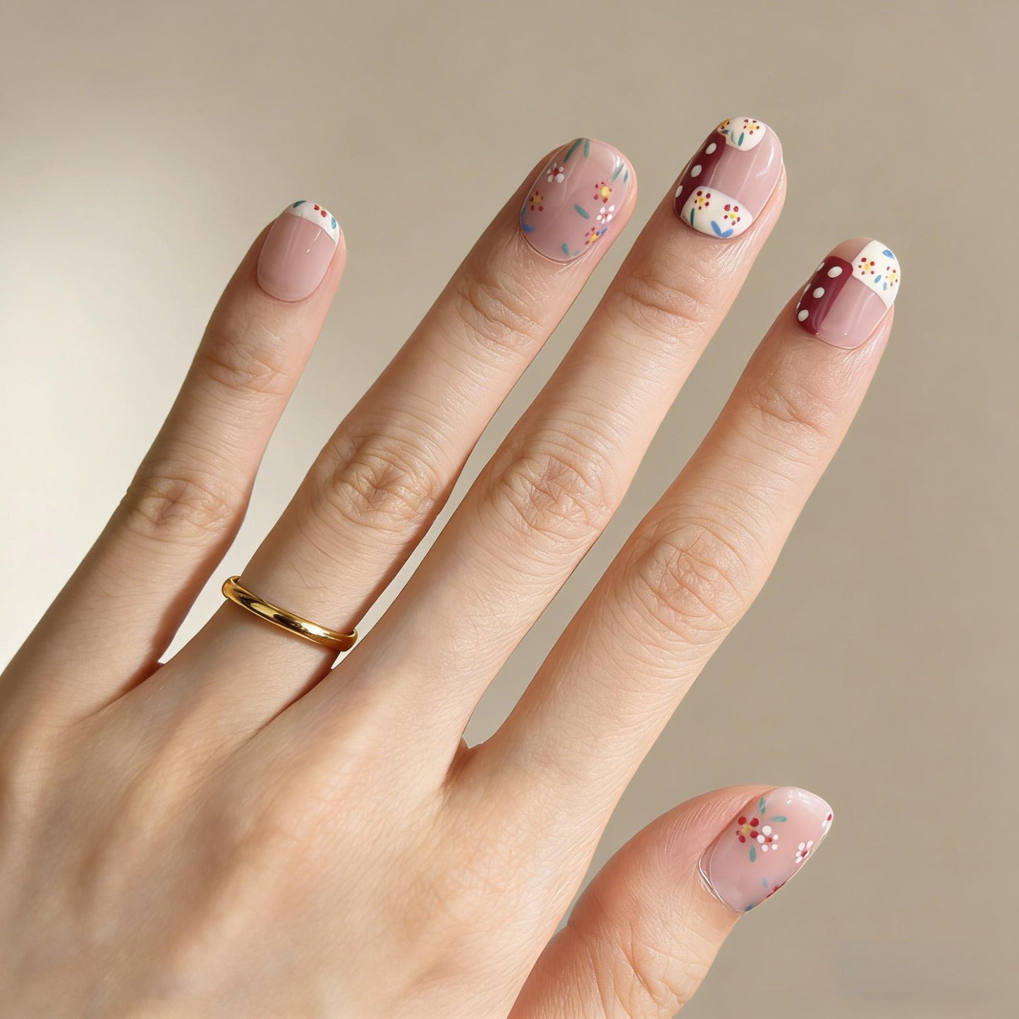 Beige Red Floral Press-On Nails - Polka Dot Art False Nails UK - lifestyle view - ClouDIY UK