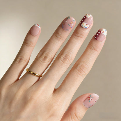 Beige Red Floral Press-On Nails - Polka Dot Art False Nails UK - lifestyle view - ClouDIY UK