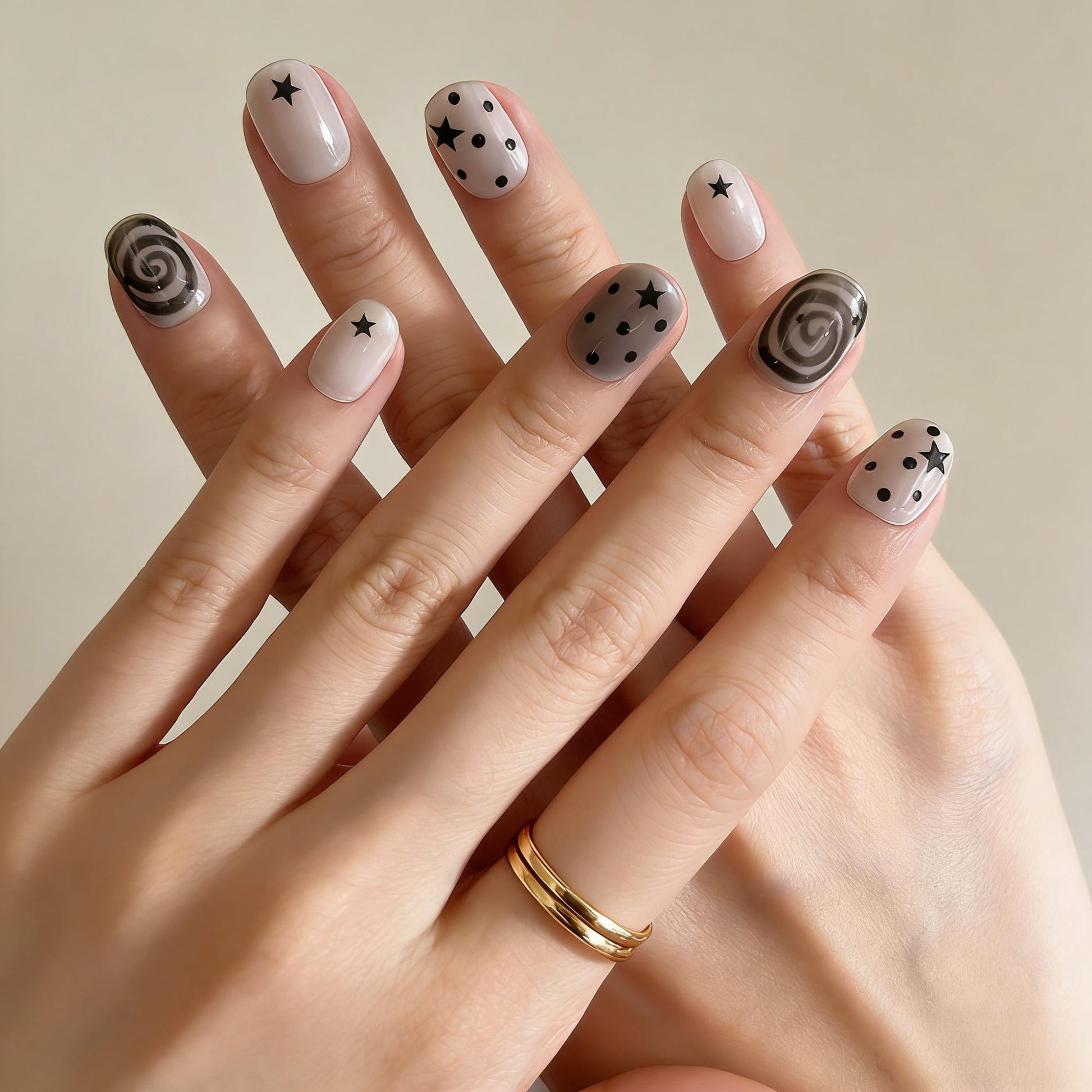 Black White Star Press-On Nails - Swirl Dot False Nails UK - lifestyle view - ClouDIY UK