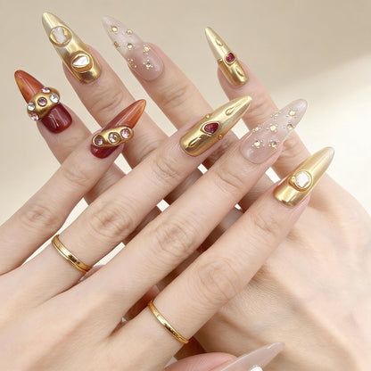 Nude Gold Gem Press-On Nails - Pearl Accent False Nails UK - lifestyle view - ClouDIY UK
