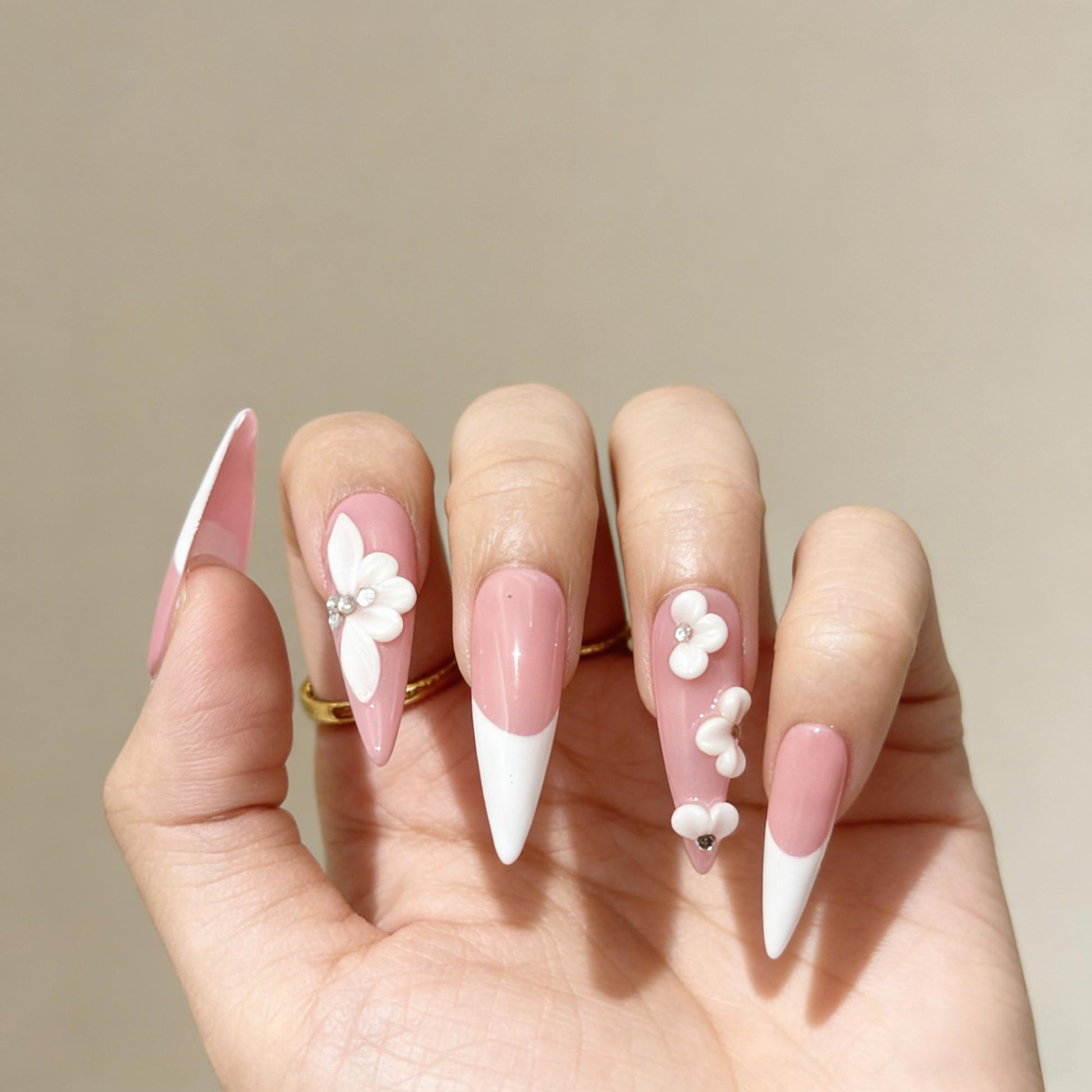 Pink White Floral Press-On Nails - Jewel Accent False Nails UK - lifestyle view - ClouDIY UK