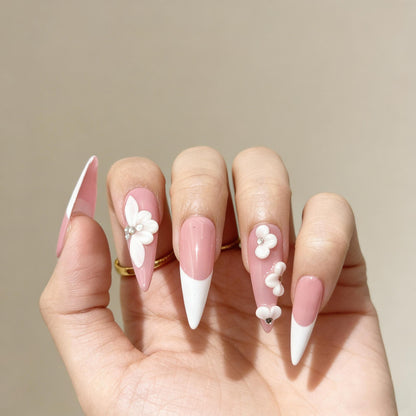 Pink White Floral Press-On Nails - Jewel Accent False Nails UK - lifestyle view - ClouDIY UK
