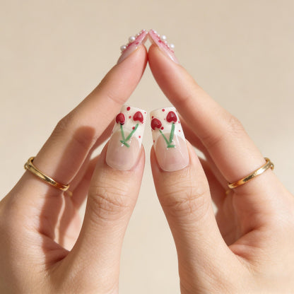 Cherry Pearl Press-On Nails - Red Blue False Nails - detail view - ClouDIY UK