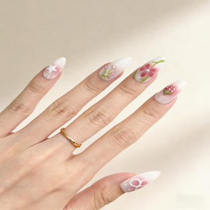 White Pink Floral Press-On Nails - Strawberry Art False Nails UK - lifestyle view - ClouDIY UK