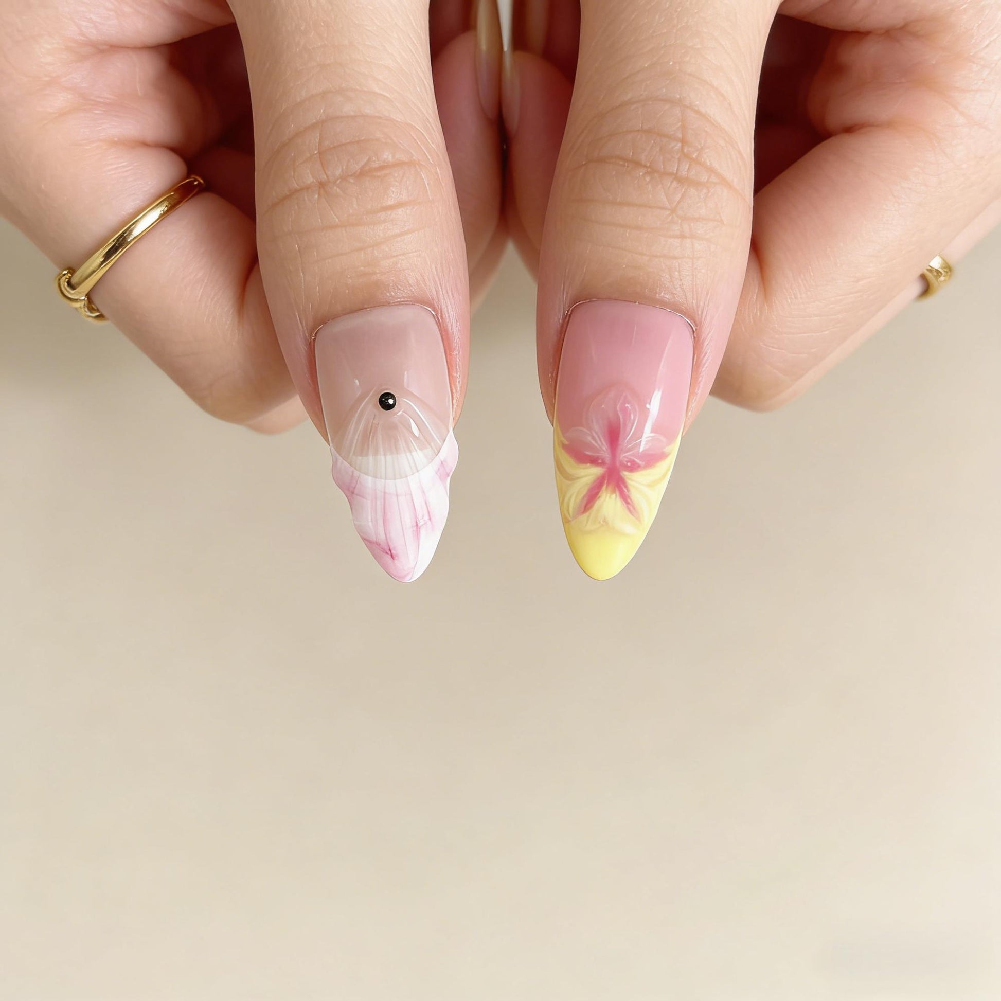 3D Floral Pink Yellow Press-On Nails - Luxury False Nails UK - detail view - ClouDIY UK
