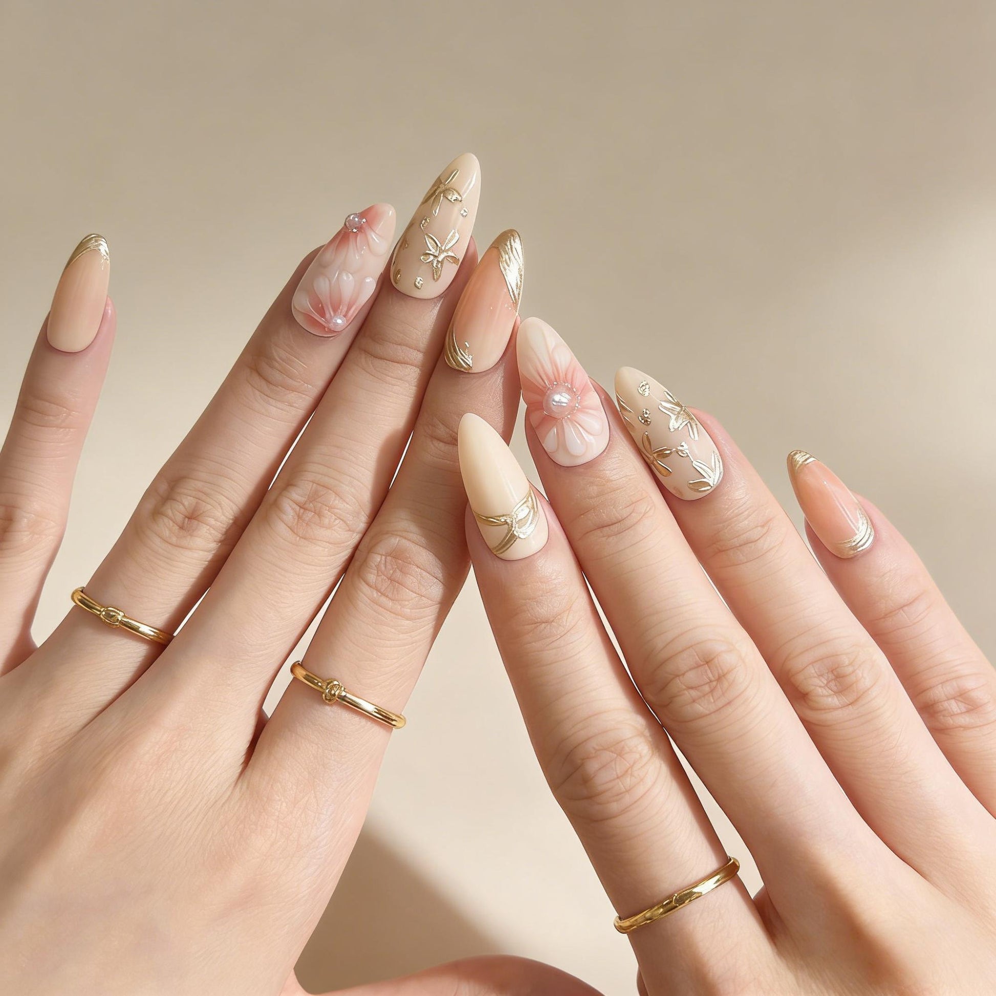 Cream Gold Floral Press-On Nails - Pearl Accent False Nails UK - lifestyle view - ClouDIY UK