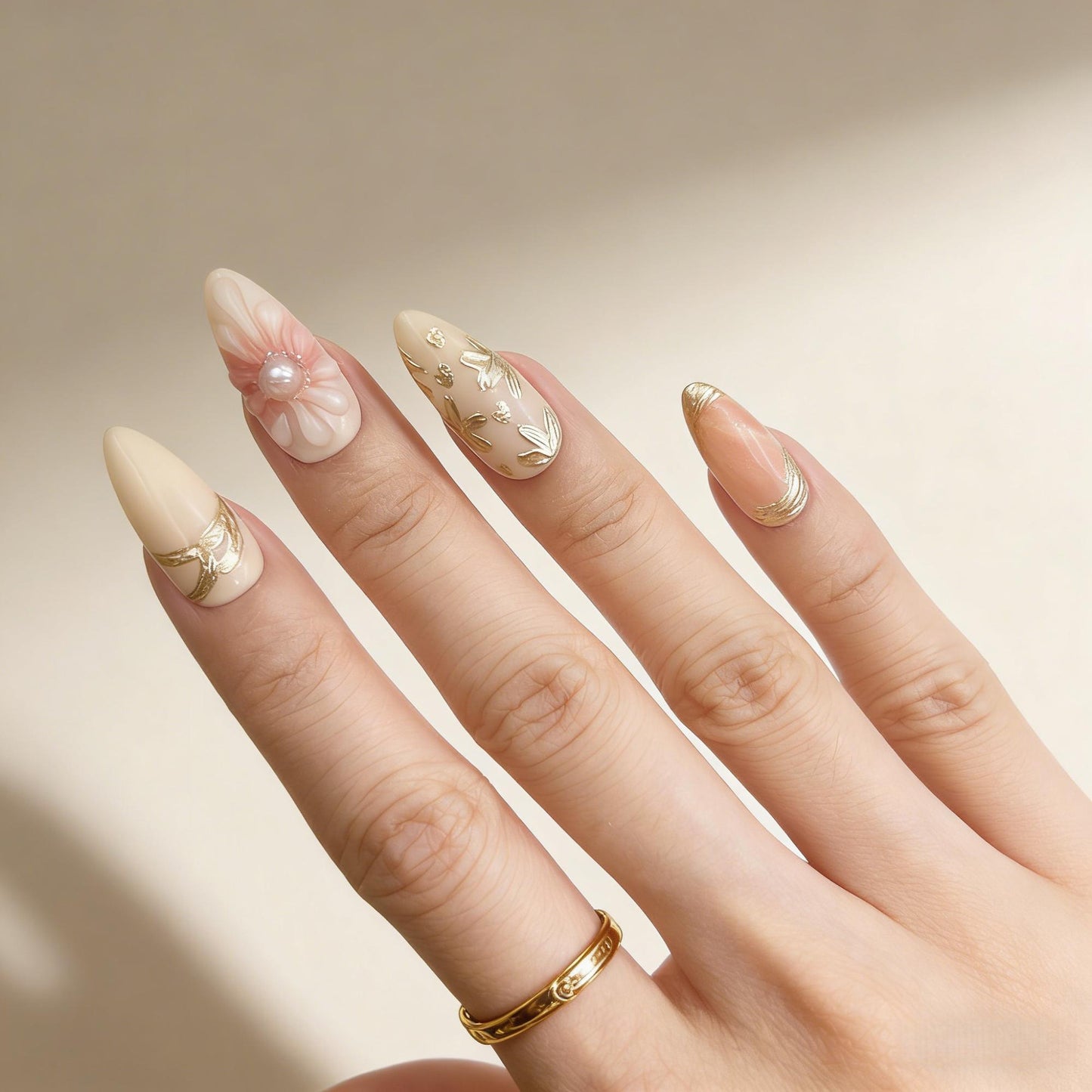 Cream Gold Floral Press-On Nails - Pearl Accent False Nails UK - close up - ClouDIY UK