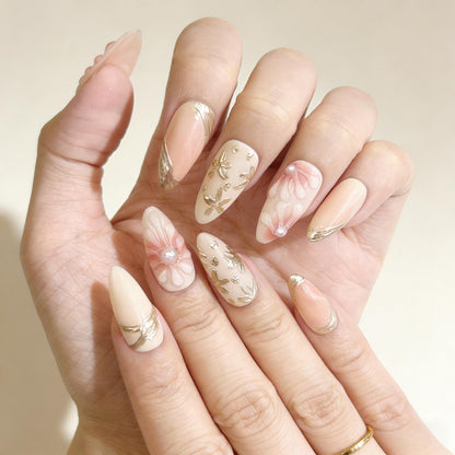 Cream Gold Floral Press-On Nails - Pearl Accent False Nails UK - side view - ClouDIY UK