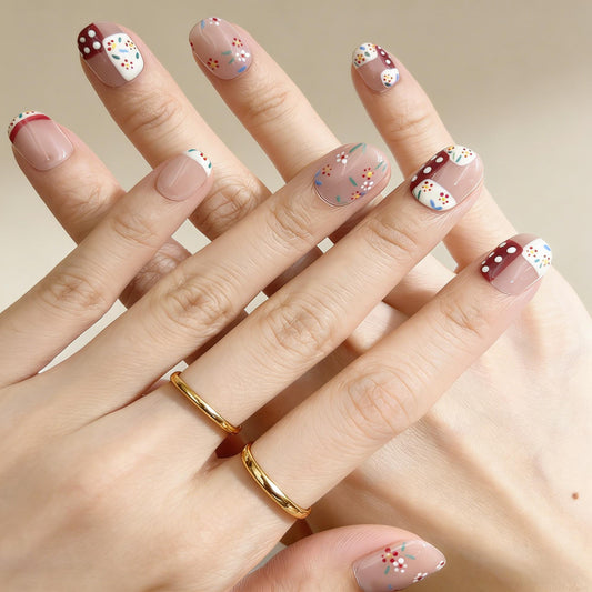 Beige Red Floral Press-On Nails - Polka Dot Art False Nails UK - detail view - ClouDIY UK