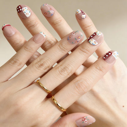 Beige Red Floral Press-On Nails - Polka Dot Art False Nails UK - detail view - ClouDIY UK