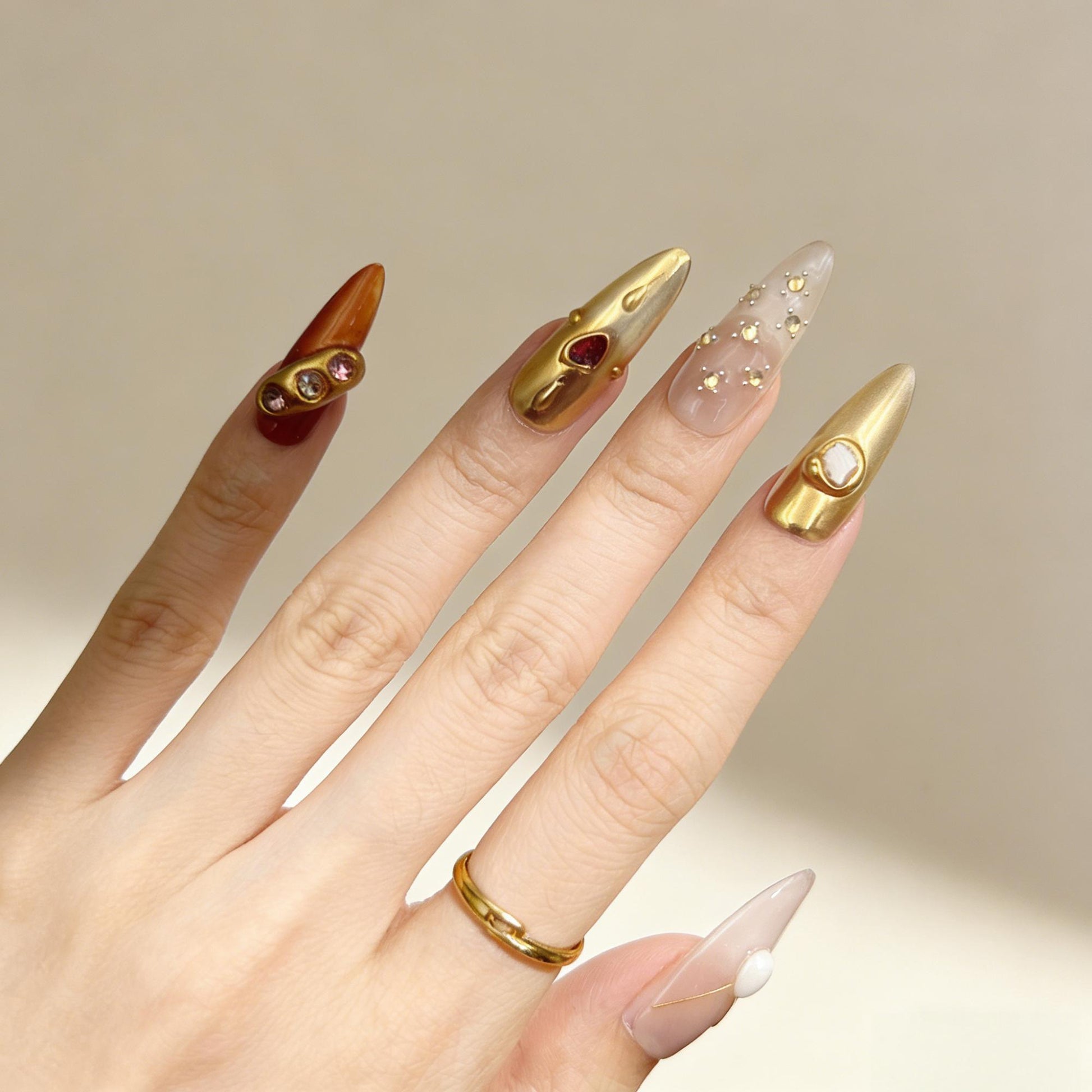 Nude Gold Gem Press-On Nails - Pearl Accent False Nails UK - detail view - ClouDIY UK