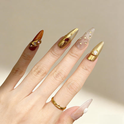 Nude Gold Gem Press-On Nails - Pearl Accent False Nails UK - detail view - ClouDIY UK