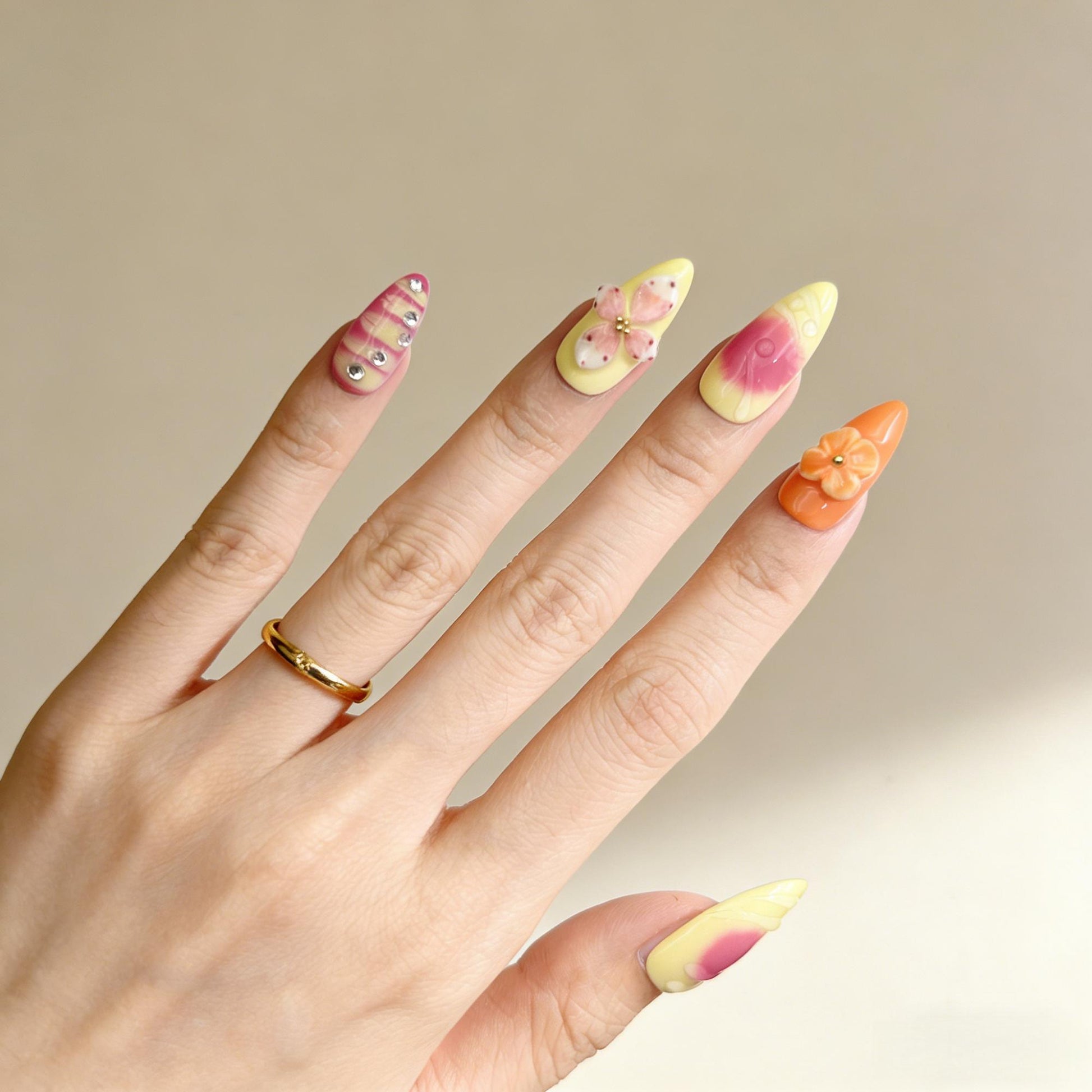 Neon Pink Yellow Press-On Nails - Floral Jewel False Nails UK - detail view - ClouDIY UK