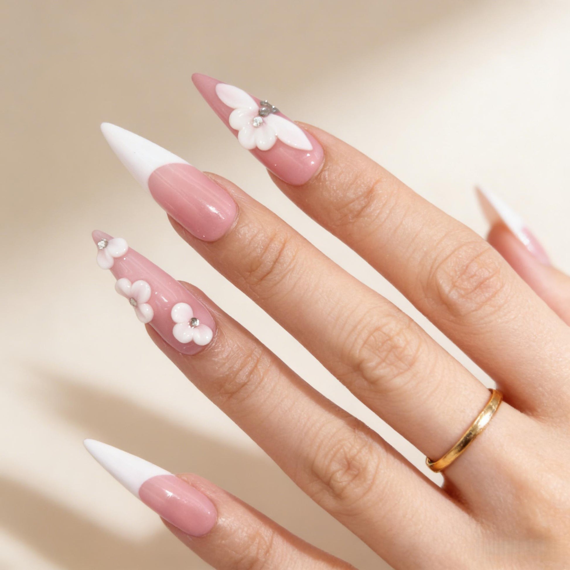 Pink White Floral Press-On Nails - Jewel Accent False Nails UK - detail view - ClouDIY UK