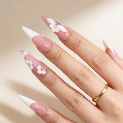 Pink White Floral Press-On Nails - Jewel Accent False Nails UK - detail view - ClouDIY UK